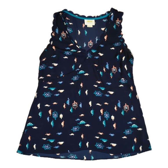 Anthropologie Maeve Tank Top Womens Size 0 Navy Turtle Print Scalloped Summer - Picture 1 of 7